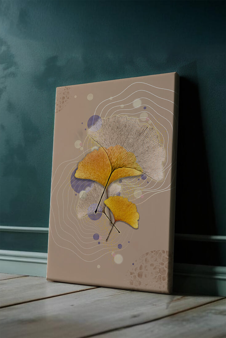 Elegant ginkgo leaves with abstract wavy and circular elements