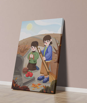 Niños participando en un ritual de otoño con ofrendas e incienso