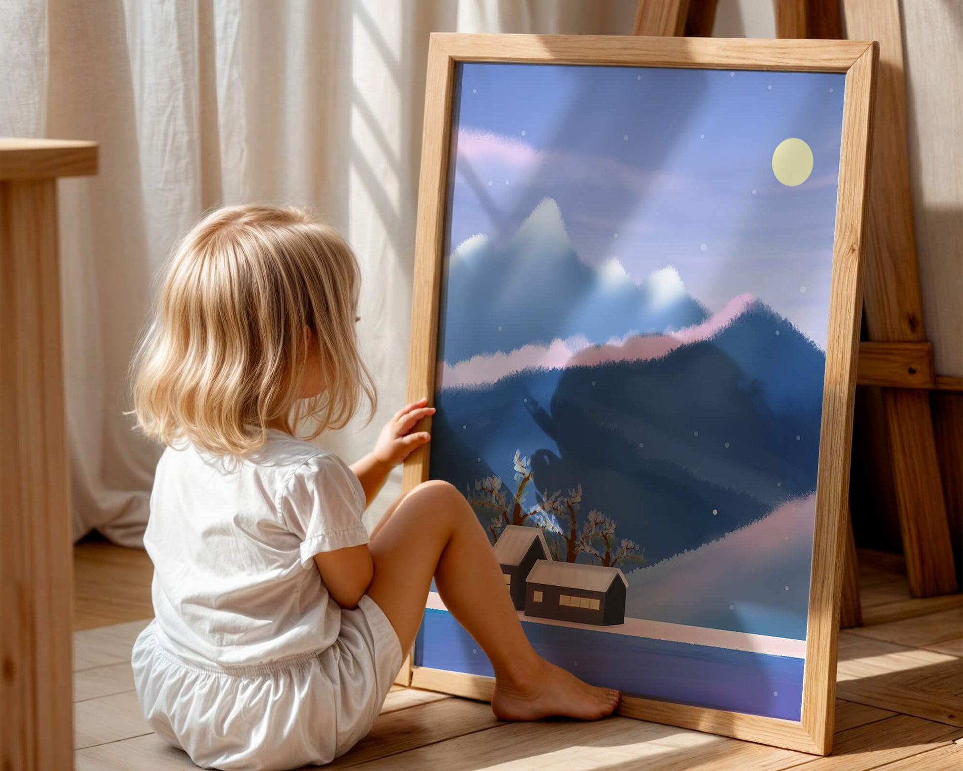 Paysage de montagne enneigée avec des maisons et des arbres sous la lumière de la lune