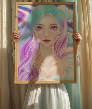 Fantasy portrait of a woman with pastel hair and vibrant features