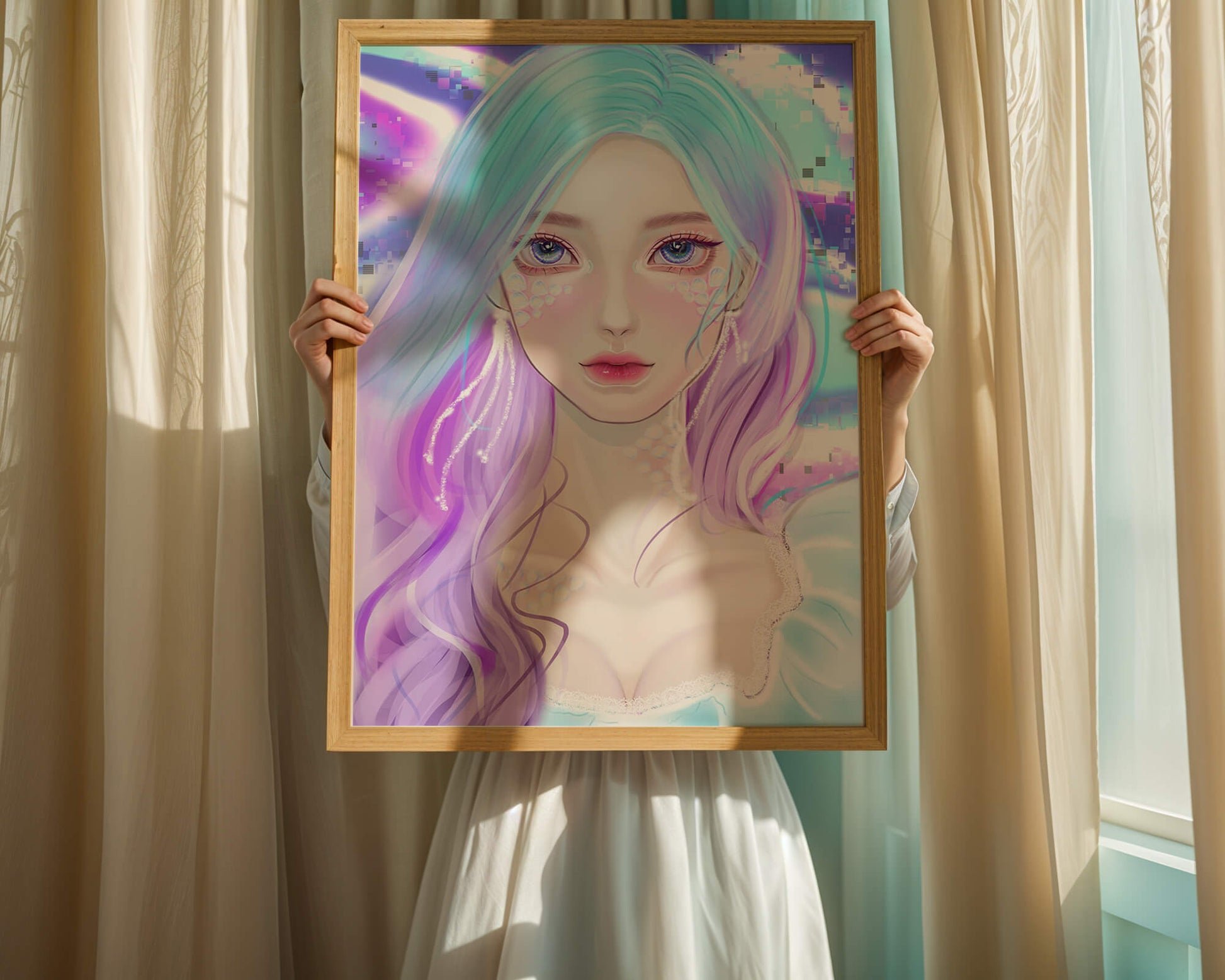 Fantasy portrait of a woman with pastel hair and vibrant features