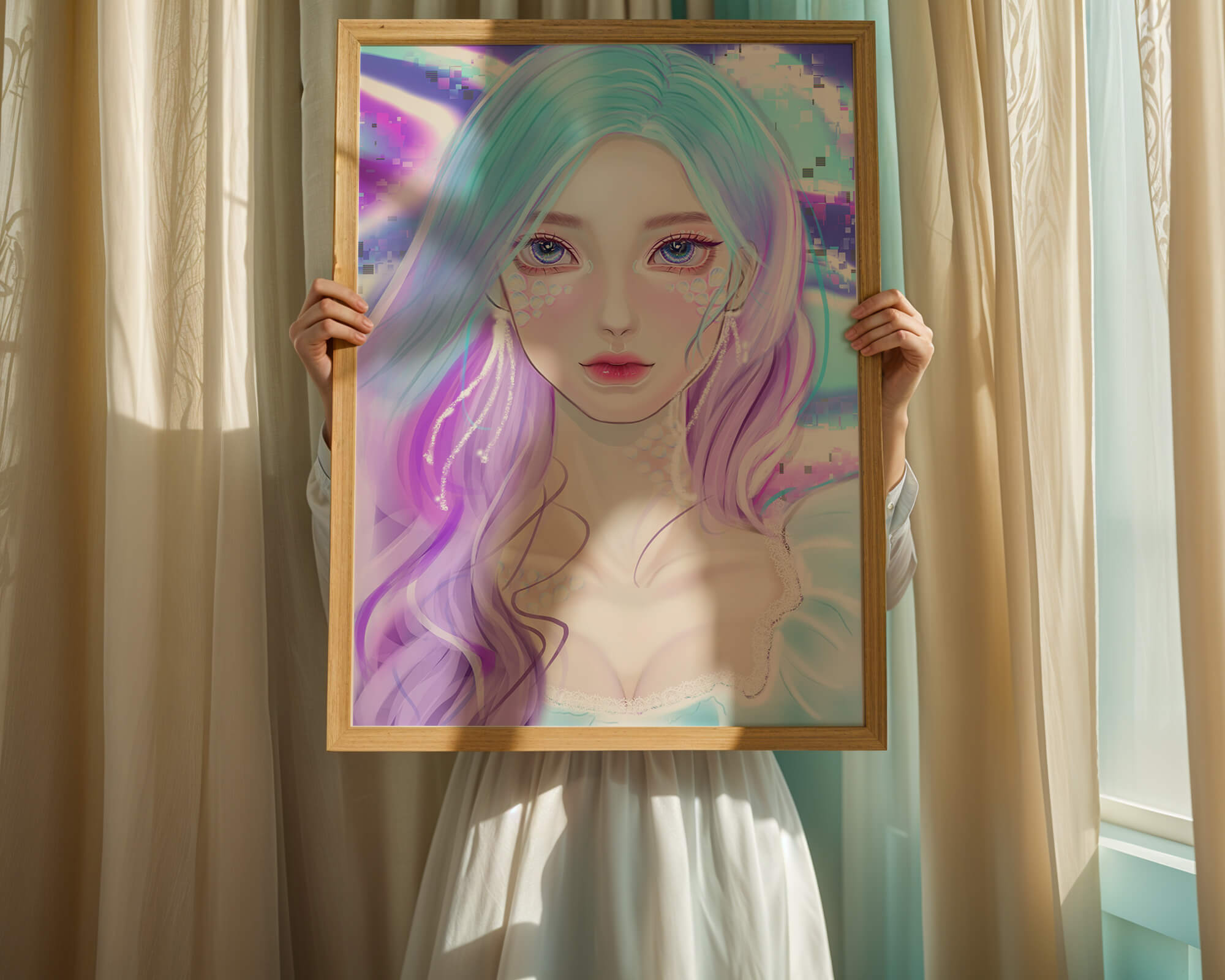 Fantasy portrait of a woman with pastel hair and vibrant features