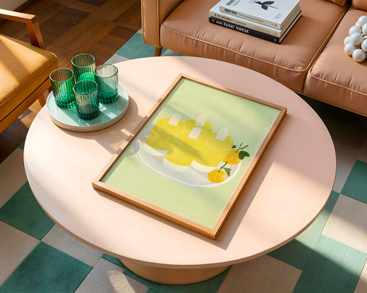 Illustration of yellow popsicles and oranges on a plate