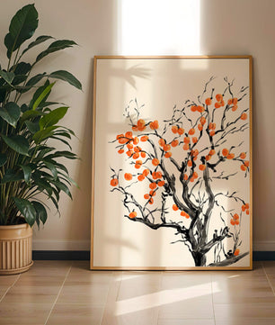Elegant watercolor tree with vibrant orange fruit