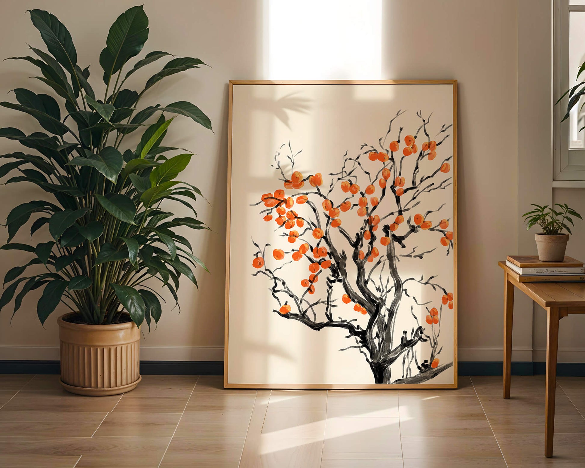 Elegant watercolor tree with vibrant orange fruit
