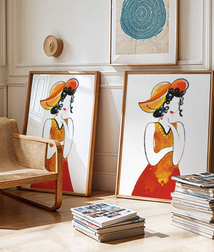 Elegante Frau in einem lebendigen Hut und Kleid Illustration