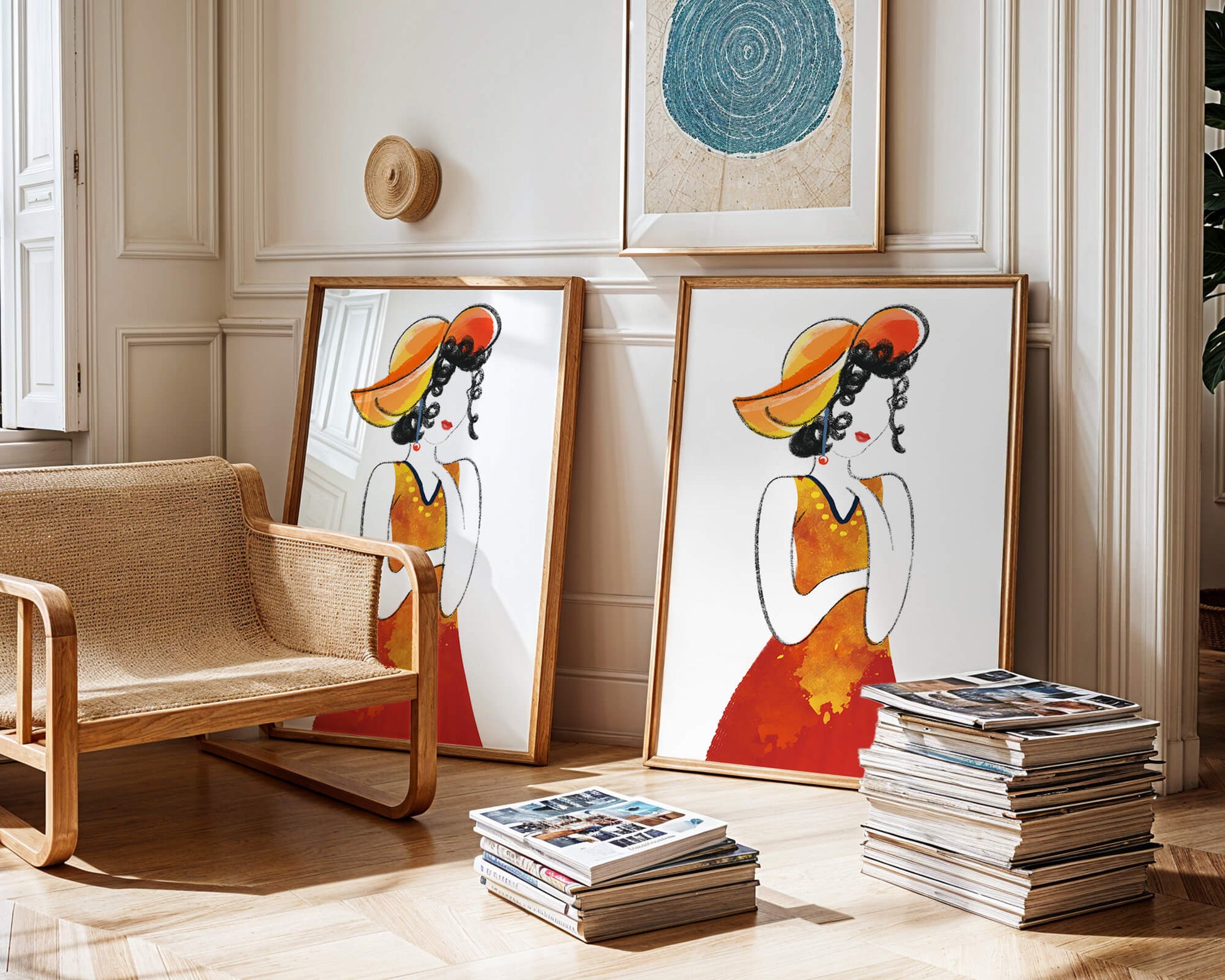 Elegant woman in a vibrant hat and dress illustration