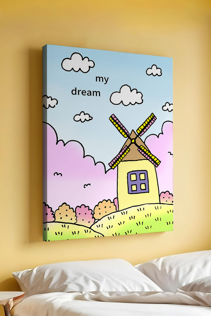 Windmill in a pastel landscape with fluffy clouds and bushes