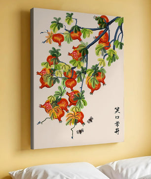 Artistic illustration of vibrant pomegranates on a branch with Asian aesthetic