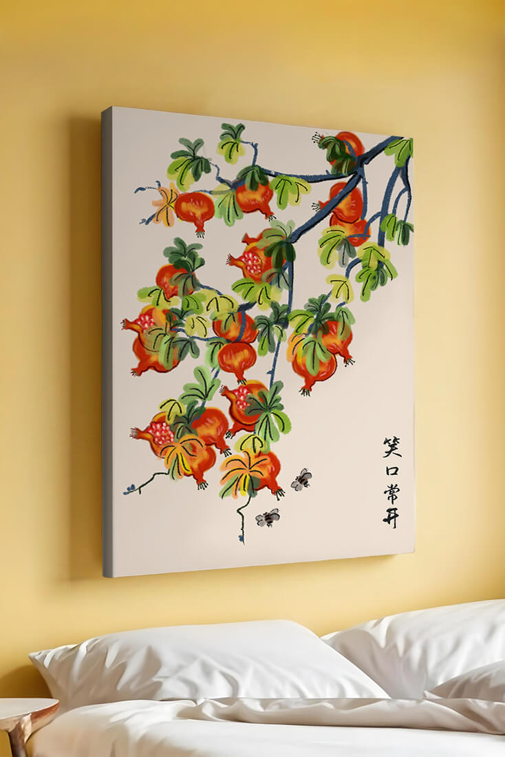 Artistic illustration of vibrant pomegranates on a branch with Asian aesthetic