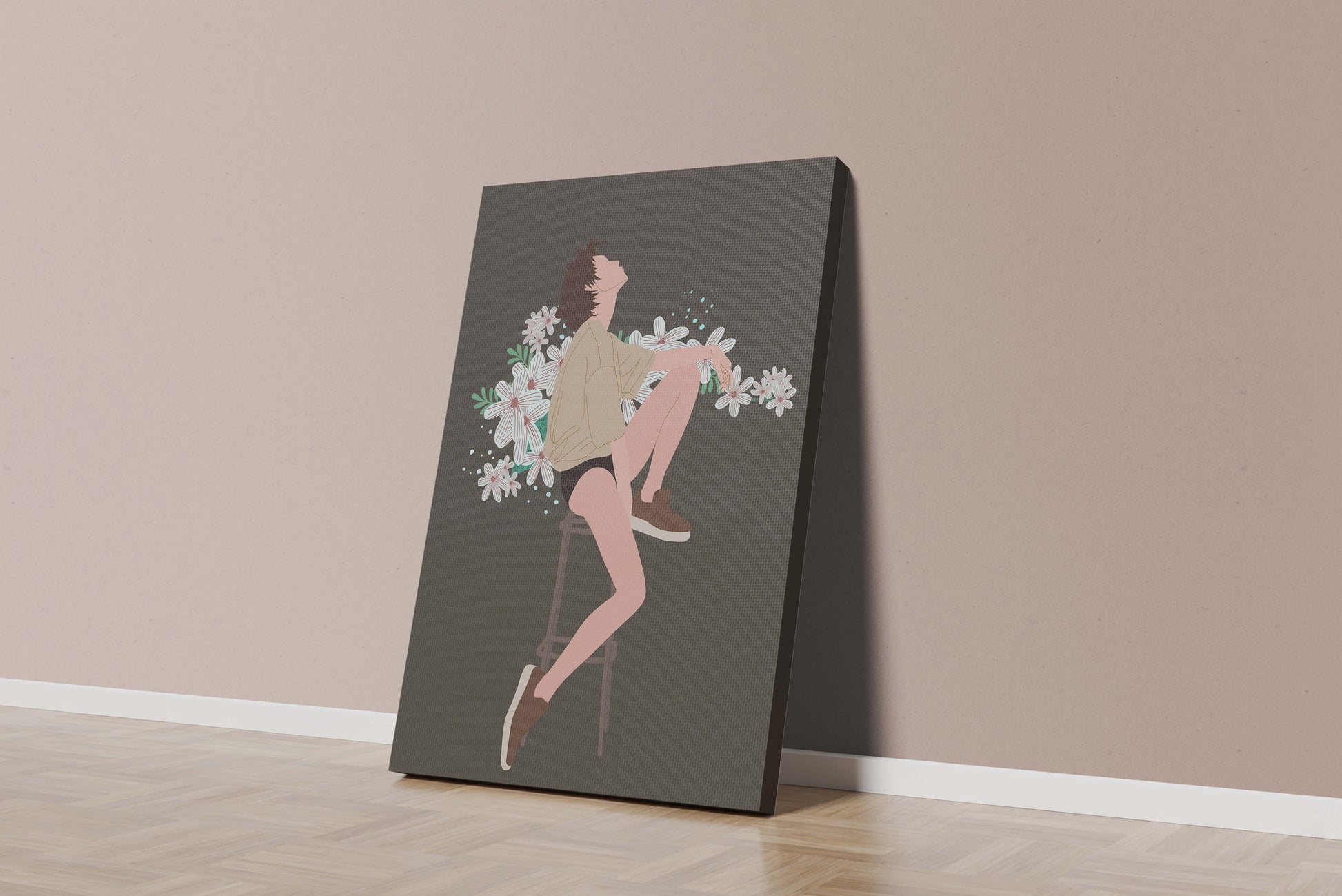 Illustration of a woman sitting on a stool surrounded by flowers