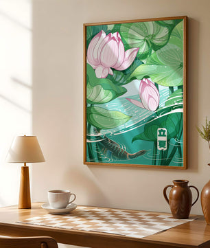 Illustration nature sereine avec fleurs de lotus et vie aquatique
