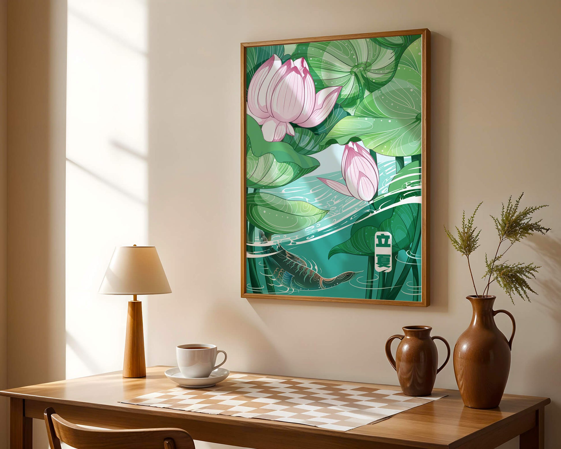 Ilustración de la naturaleza serena con flores de loto y vida acuática