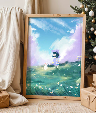 A Little Girl in a Purple Dress and Hat with a White Rabbit in a Flower Field Under a Blue Sky