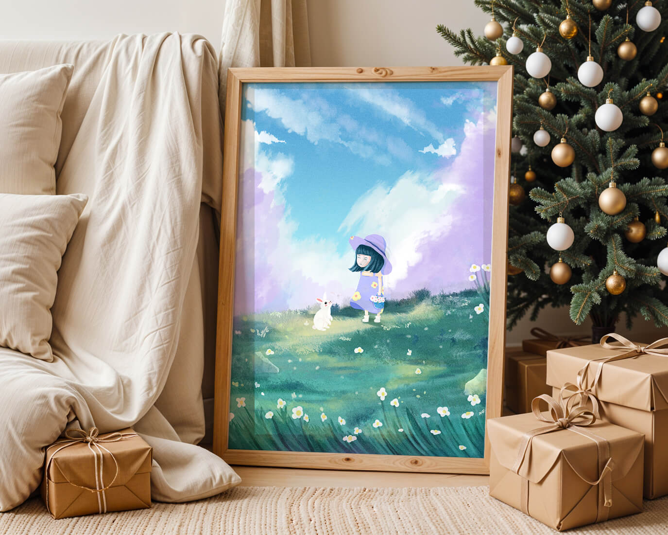 A Little Girl in a Purple Dress and Hat with a White Rabbit in a Flower Field Under a Blue Sky