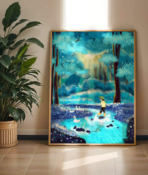 Colorful forest scene with a child and ducks by a stream