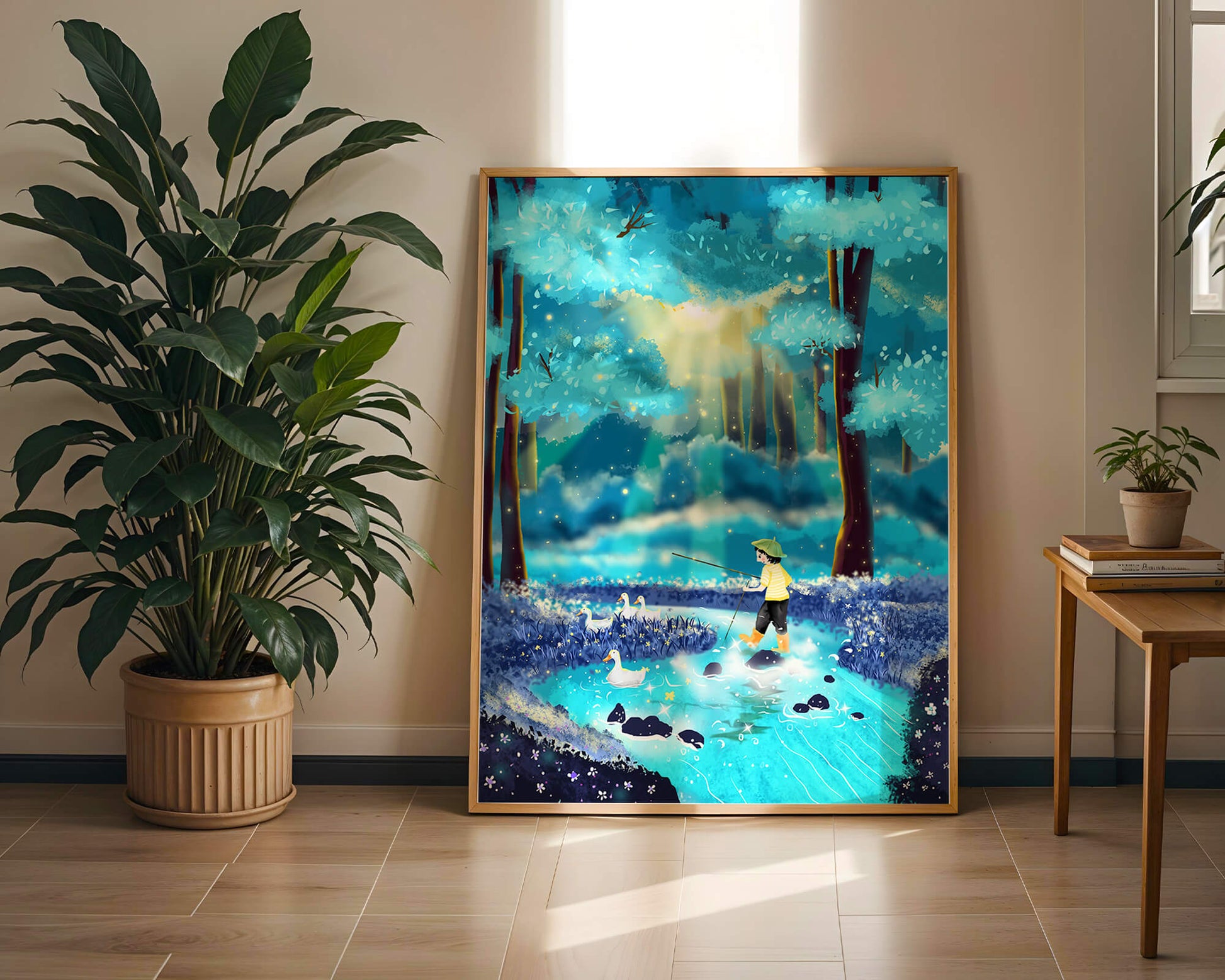 Colorful forest scene with a child and ducks by a stream