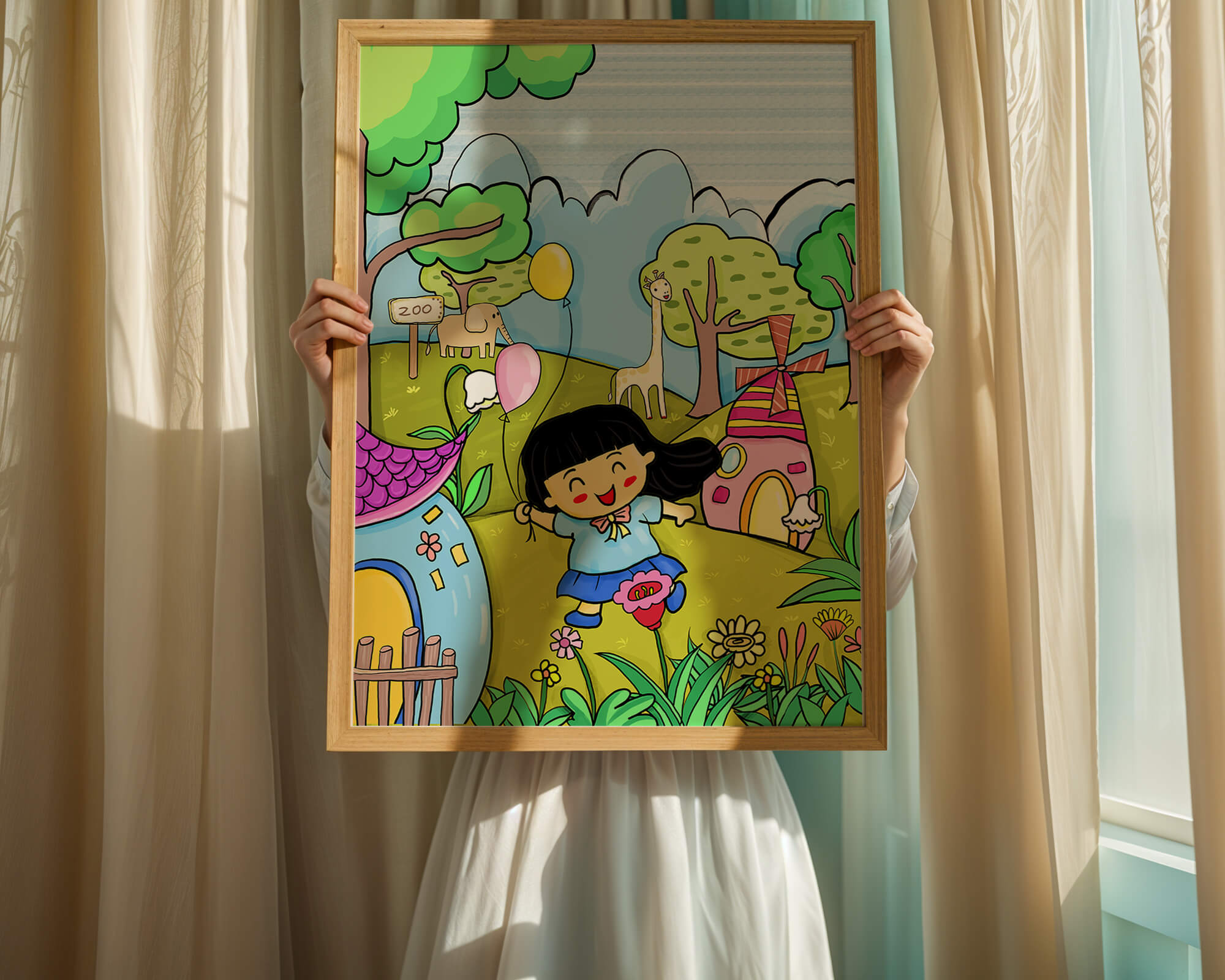 Colorful children's illustration of a joyful zoo visit with animals