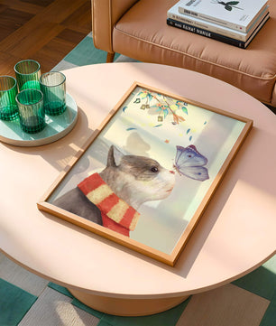Cat Staring at Butterfly with Floral Elements - Mi tienda