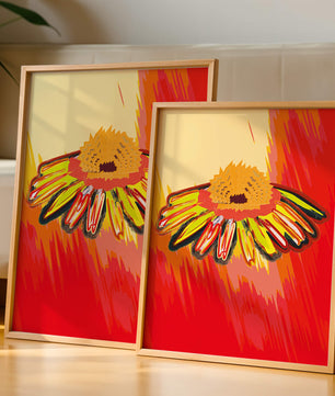 Abstract vibrant flower illustration with bold colors and dynamic strokes