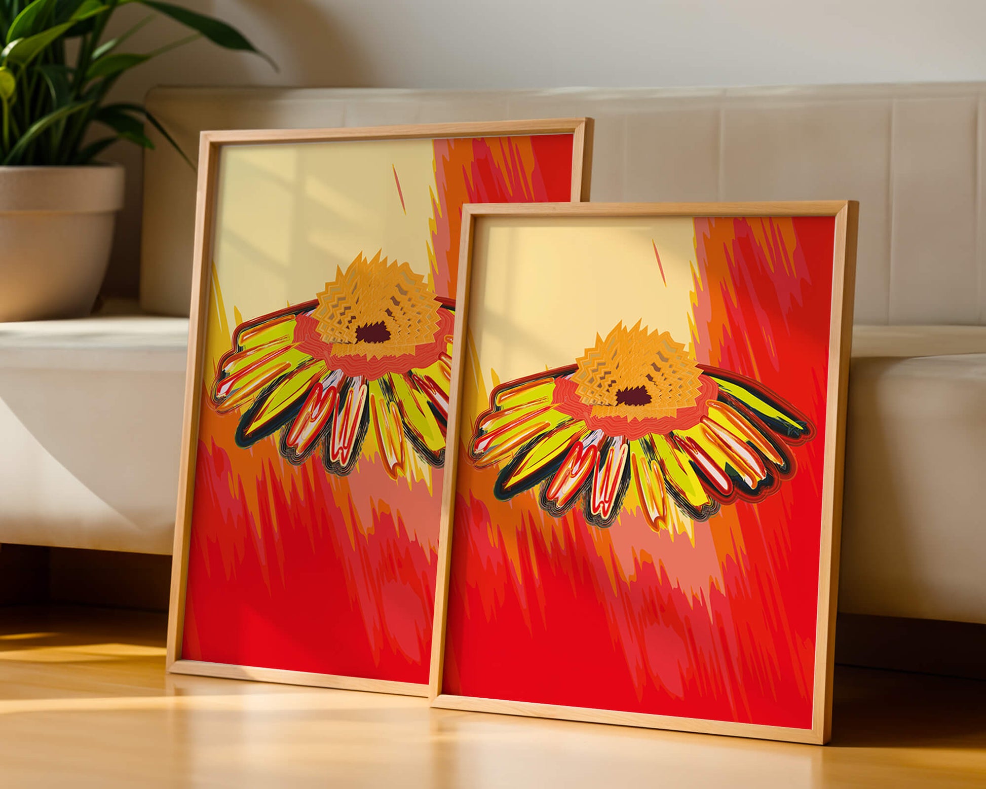 Abstract vibrant flower illustration with bold colors and dynamic strokes