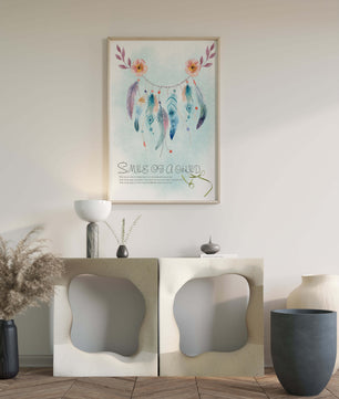 Whimsical dreamcatcher with feathers and flowers in a pastel watercolor style