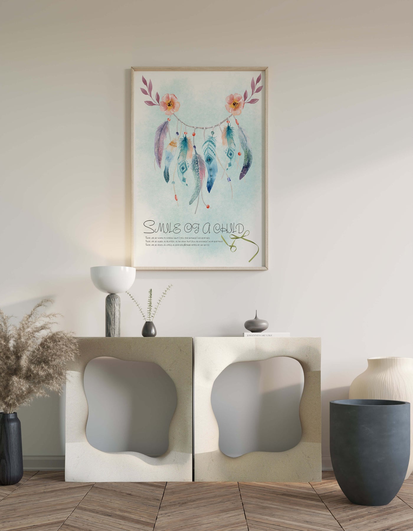 Whimsical dreamcatcher with feathers and flowers in a pastel watercolor style