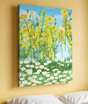Frühlingwiese mit blühenden gelben und weißen Blumen