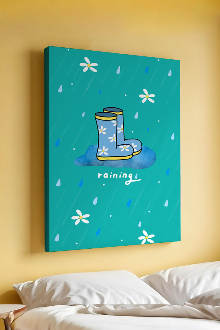 Colorful rain boots with floral pattern on a rainy background