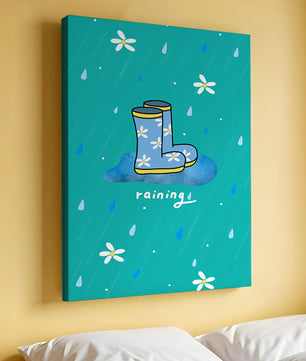 Colorful rain boots with floral pattern on a rainy background