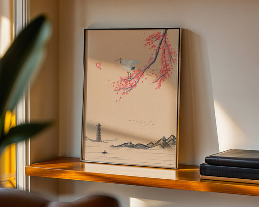 Serene landscape with crane and cherry blossom branch in East Asian style