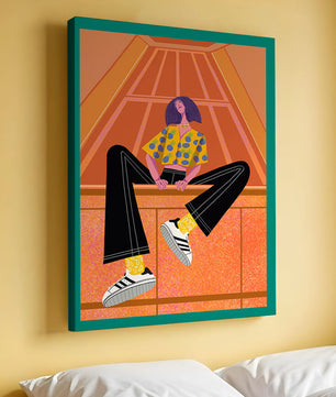 Stylish woman sitting in a vibrant geometric setting