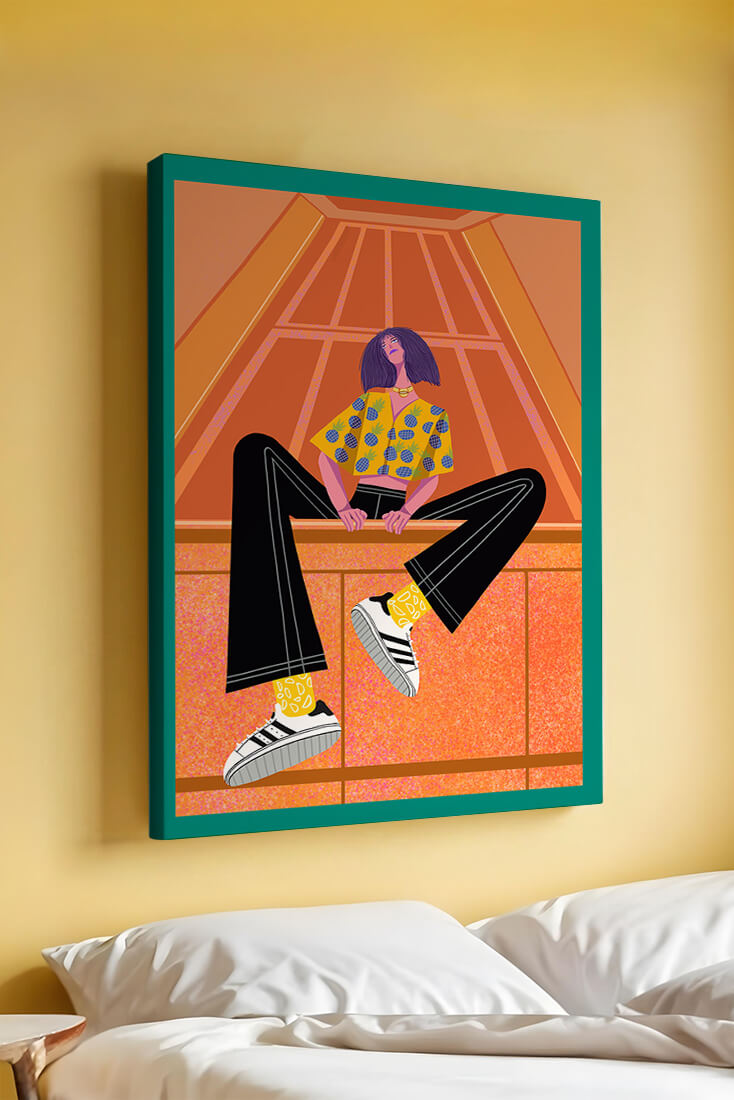 Stylish woman sitting in a vibrant geometric setting