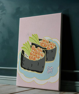 Illustration of sushi rolls with fish roe and avocado on a pastel background
