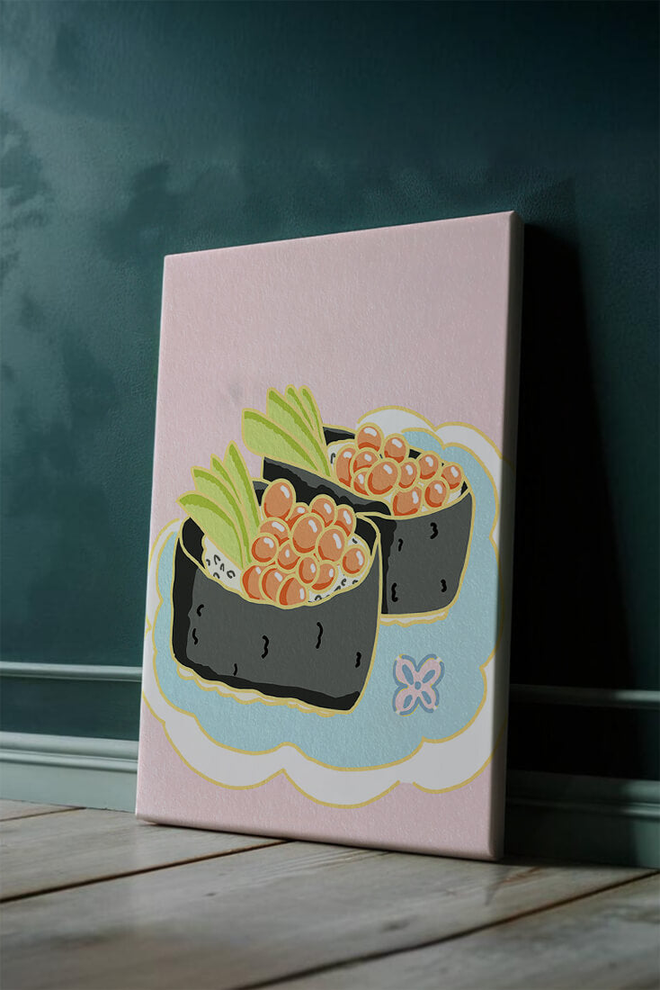 Illustration of sushi rolls with fish roe and avocado on a pastel background