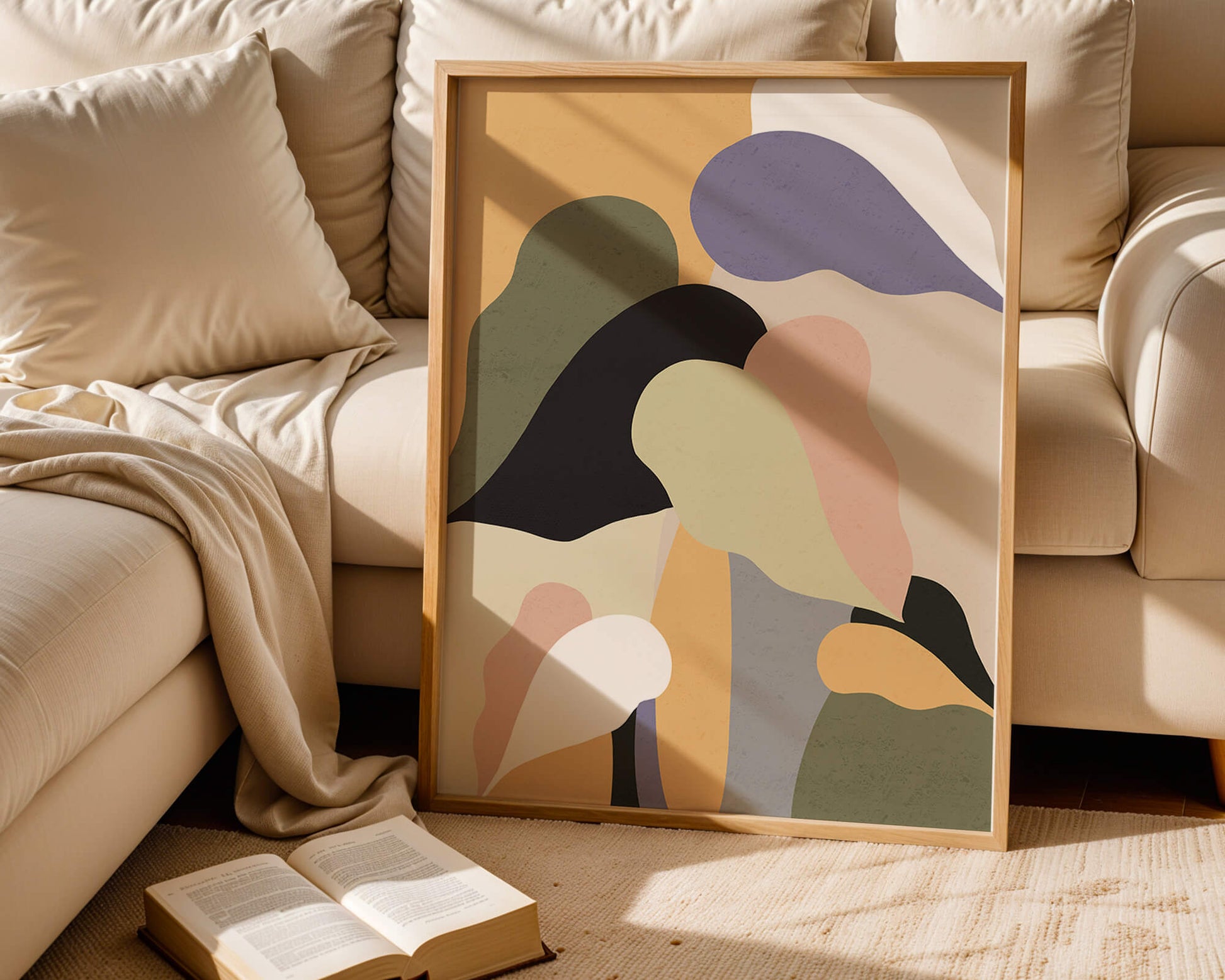 Abstract organic shapes in pastel colors with textured background