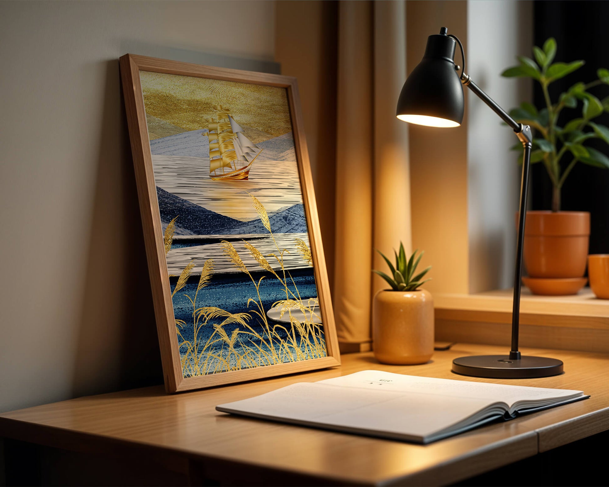 Golden Sailboat on Blue and Gold Landscape