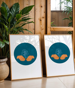 Illustration of Hands Holding a Plant with Teal Background