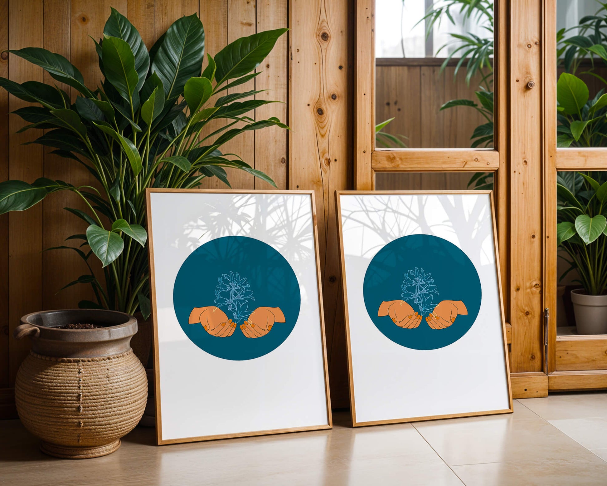 Illustration of Hands Holding a Plant with Teal Background