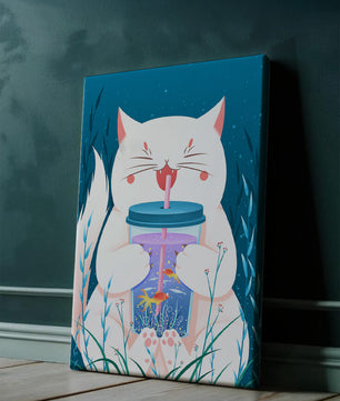 Playful cat with a fish tank tumbler in the underwater scene illustration
