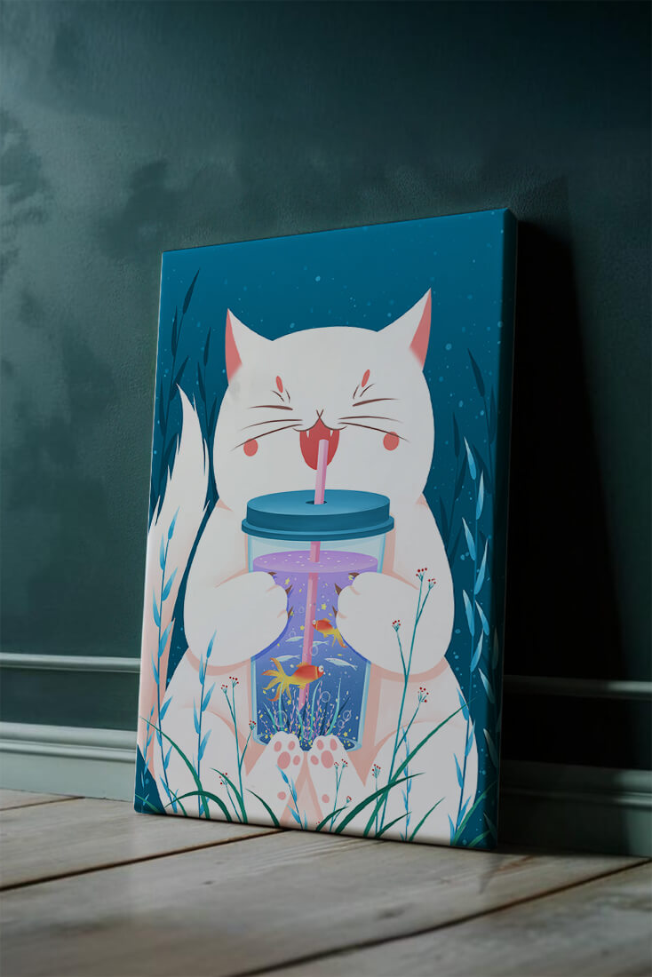 Playful cat with a fish tank tumbler in the underwater scene illustration