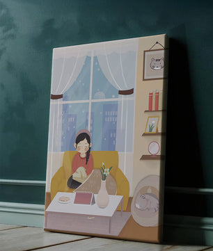 Cozy living room with a girl and a dog on a yellow sofa