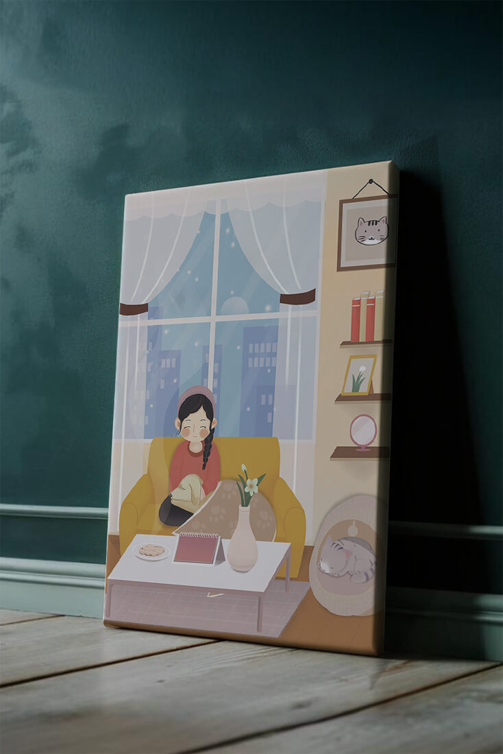 Cozy living room with a girl and a dog on a yellow sofa