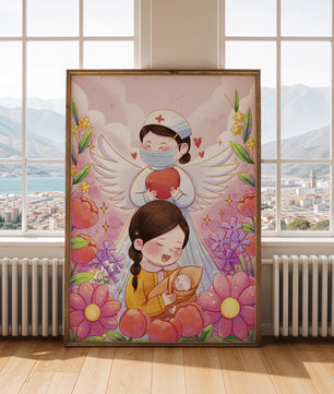 Escena ilustrada de un ángel de la salud con un niño y flores