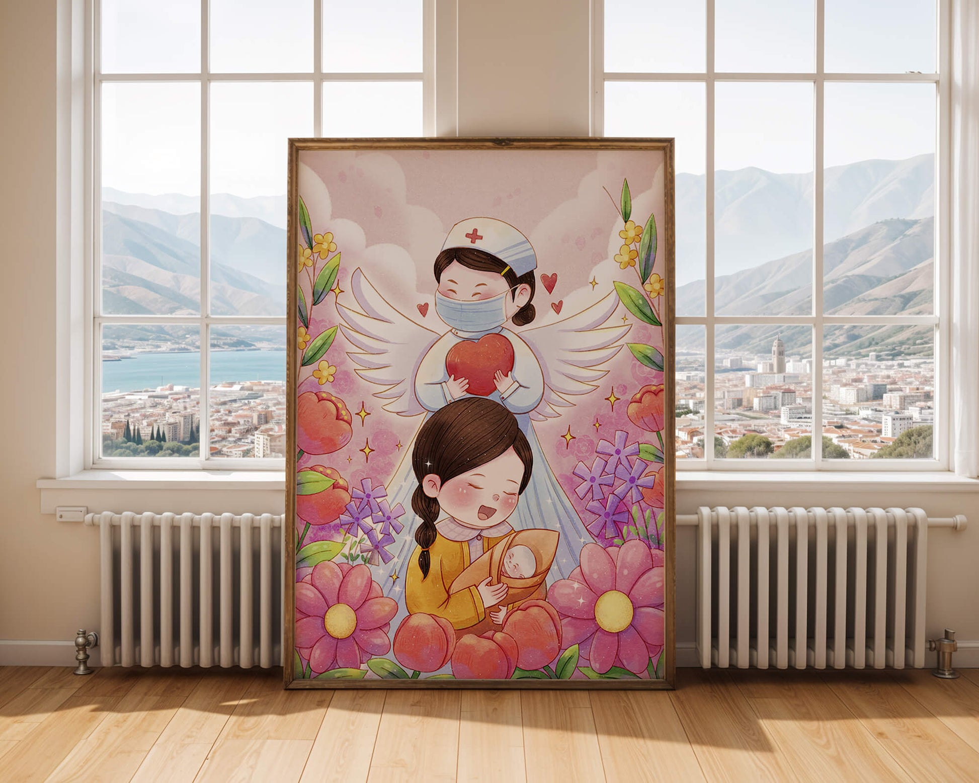 Illustrated scene of healthcare angel with child and flowers