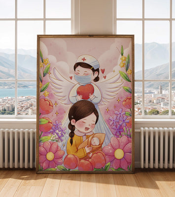 Illustrated scene of healthcare angel with child and flowers