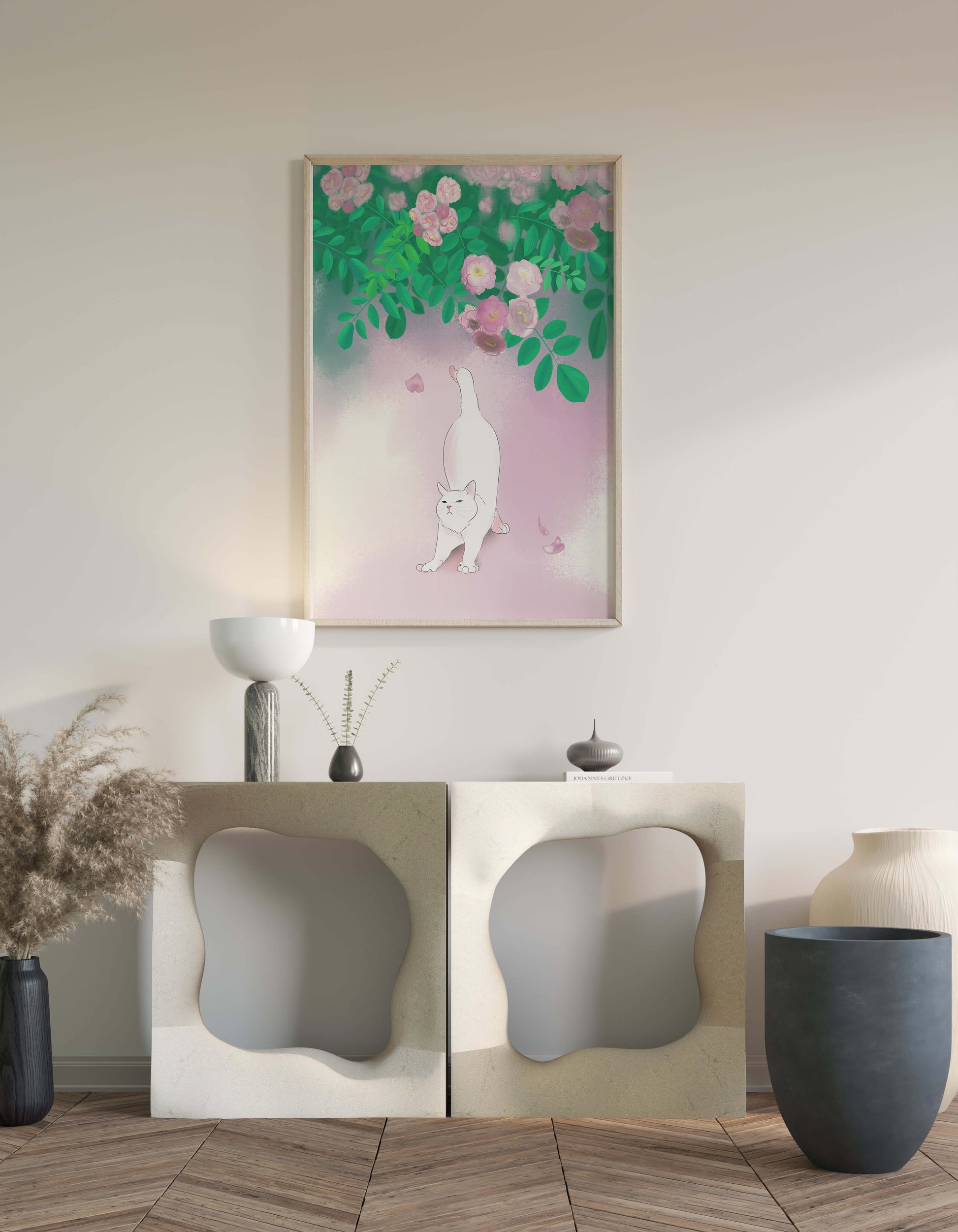 White cat stretching beneath blooming flowers in a pastel garden setting