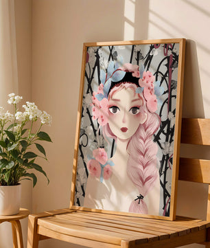 Illustration of a girl with floral headpiece against abstract floral background