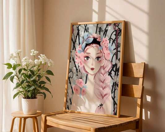 Illustration of a girl with floral headpiece against abstract floral background