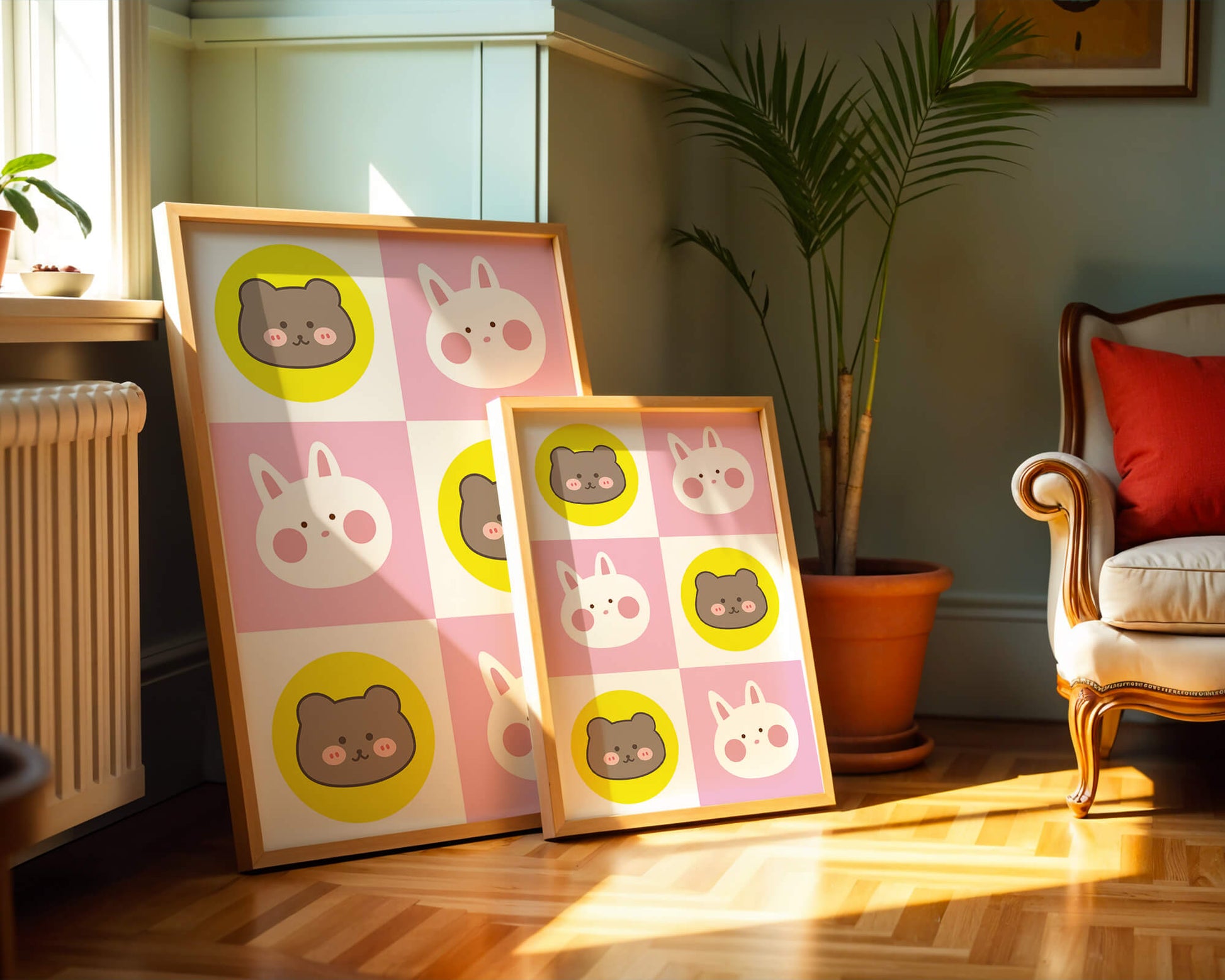 Diseño de patrones de animales juguetones con caras de osos y conejos en colores pastel